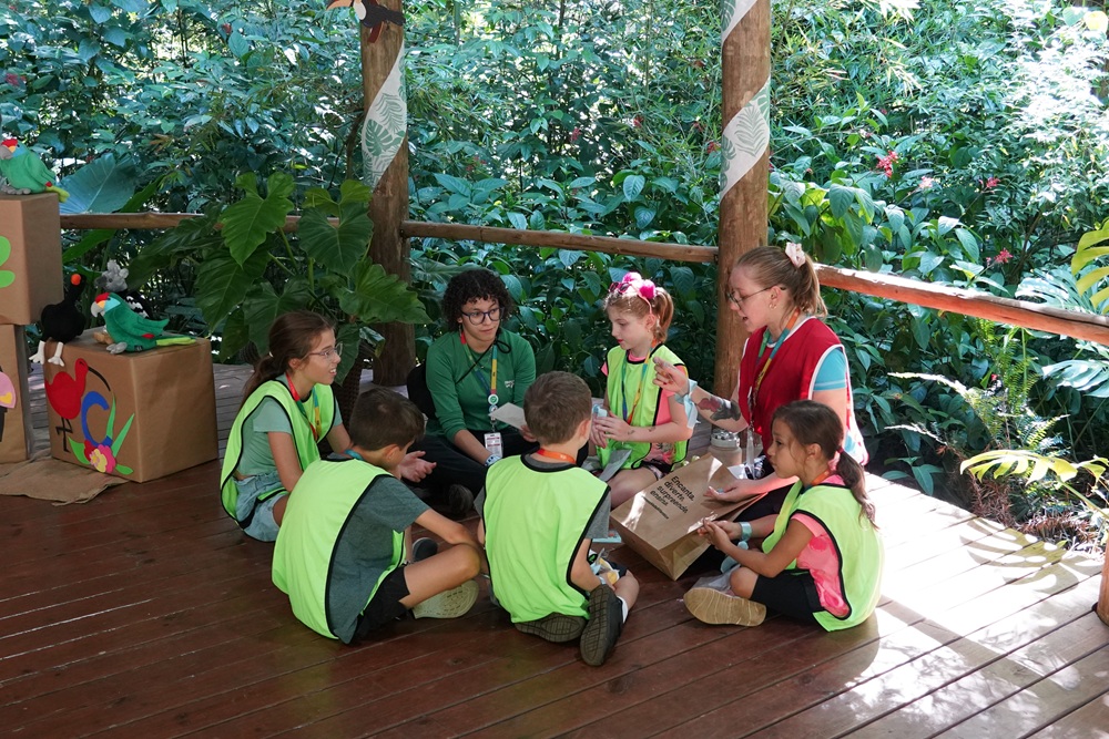 Crianças sentadas em um deck na floresta, participando de uma atividade educativa com educadores do Parque das Aves.