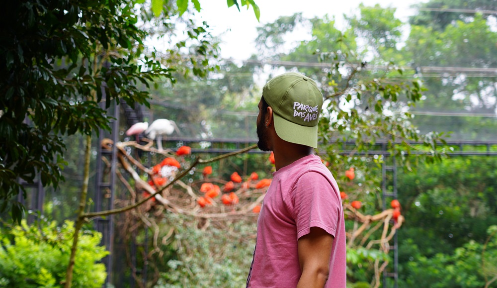 Um homem usando uma camiseta rosa e um boné verde com o logotipo do "Parque das Aves" está de costas, observando um viveiro ao ar livre. 