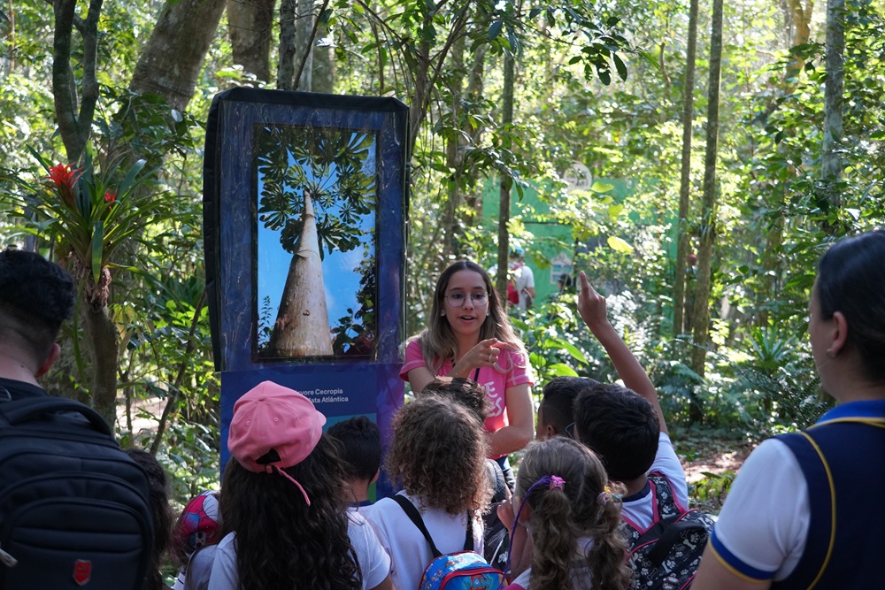 Educadora ambiental guiando um grupo de crianças em uma trilha arborizada, com uma placa ilustrativa mostrando a copa de uma árvore ao fundo. As crianças observam atentamente enquanto a educadora explica algo com gestos.