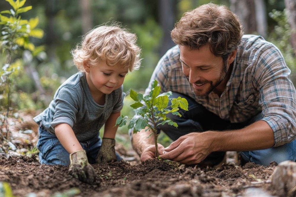 Homem adulto e menino plantando uma pequena muda em solo fértil, cercado por árvores em um ambiente natural.