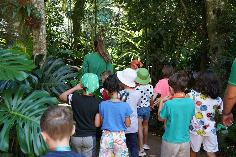 Grupo de crianças caminhando em fila por uma trilha cercada por plantas, acompanhadas por uma educadora ambiental.