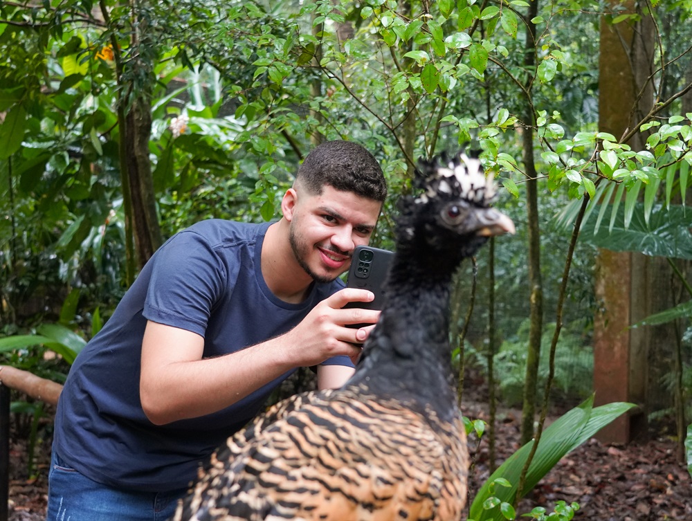 Um homem segurando um celular enquanto fotografa um mutum, uma ave de plumagem escura com detalhes em branco no topo da cabeça, em um ambiente de floresta tropical com árvores e vegetação densa ao fundo.