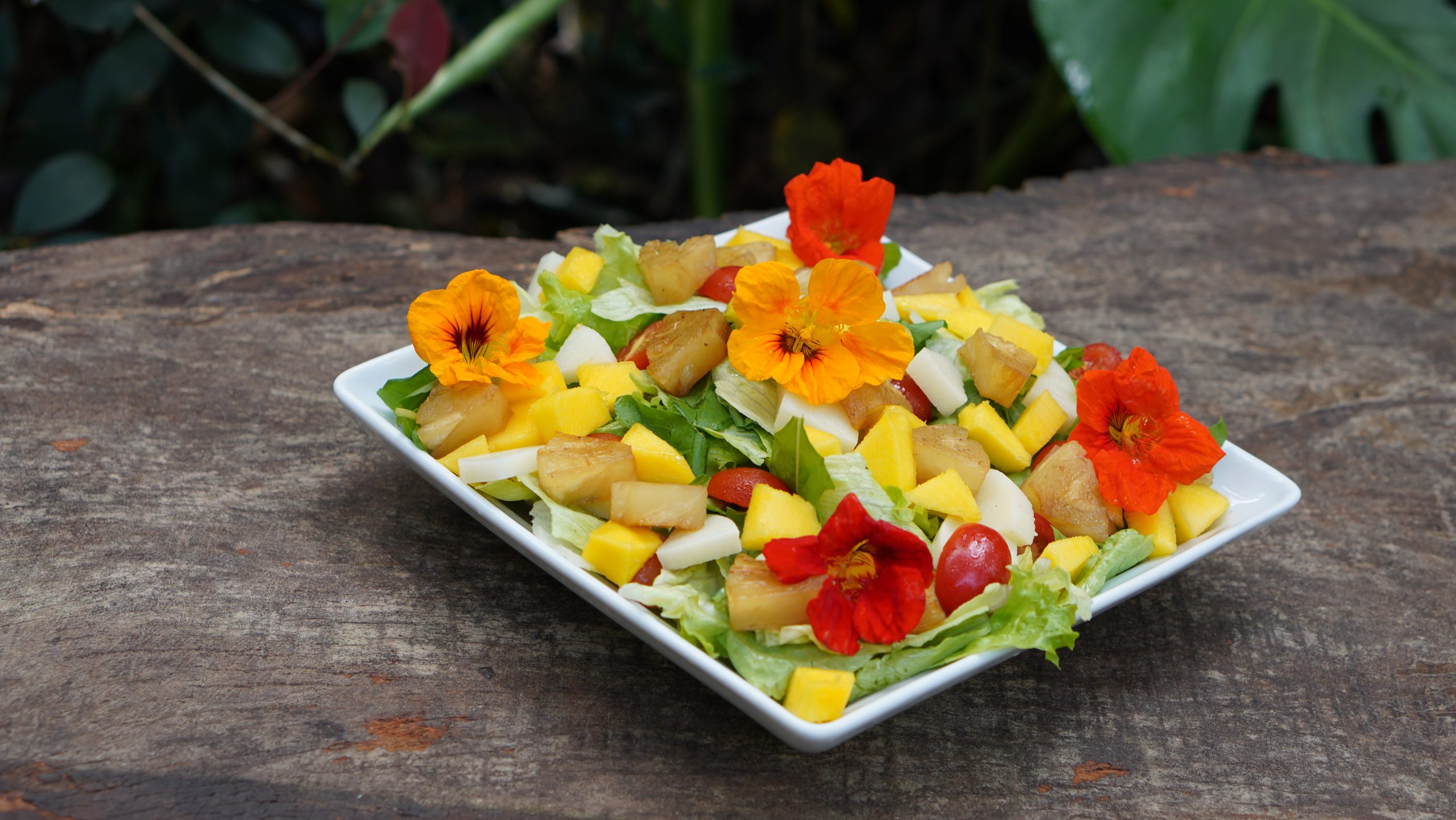 Salada com flores comestíveis e frutas