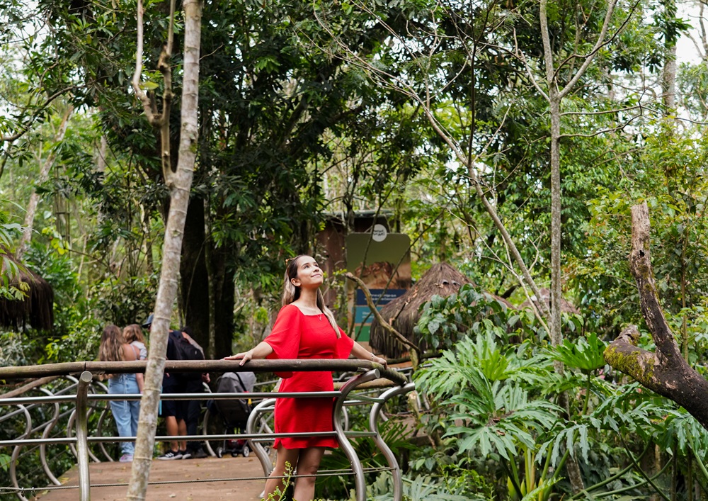 Uma mulher de vestido vermelho está em uma passarela de madeira em um viveiro verdejante, apreciando a natureza ao seu redor. Outras pessoas são visíveis ao fundo, explorando o ambiente denso e tranquilo.