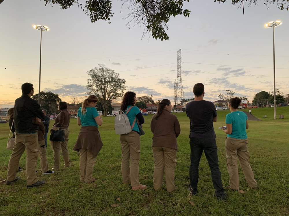 Grupo de pessoas em um campo gramado observando o céu ao entardecer, com postes de luz ao fundo e árvores ao redor.